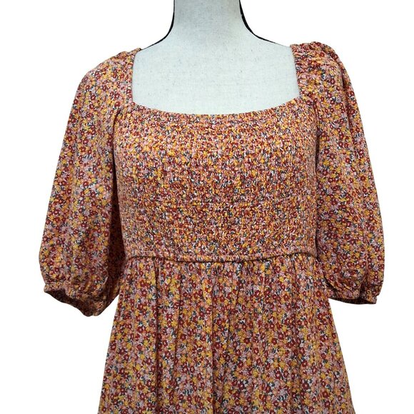 MinkPink Womens L Orange Multicolor Ditzy Floral Peasant Midi Dress - Picture 6 of 11